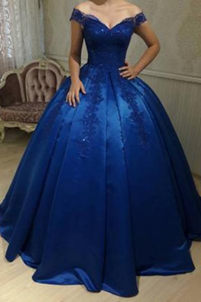 Royal Blue Off Shoulder Lace A line Long Evening Prom Dresses, 17469