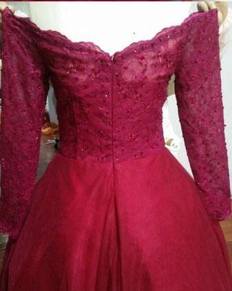 Off Shoulder Dark Red Long Sleeve Lace A line Long Evening Prom Dresses, 17470