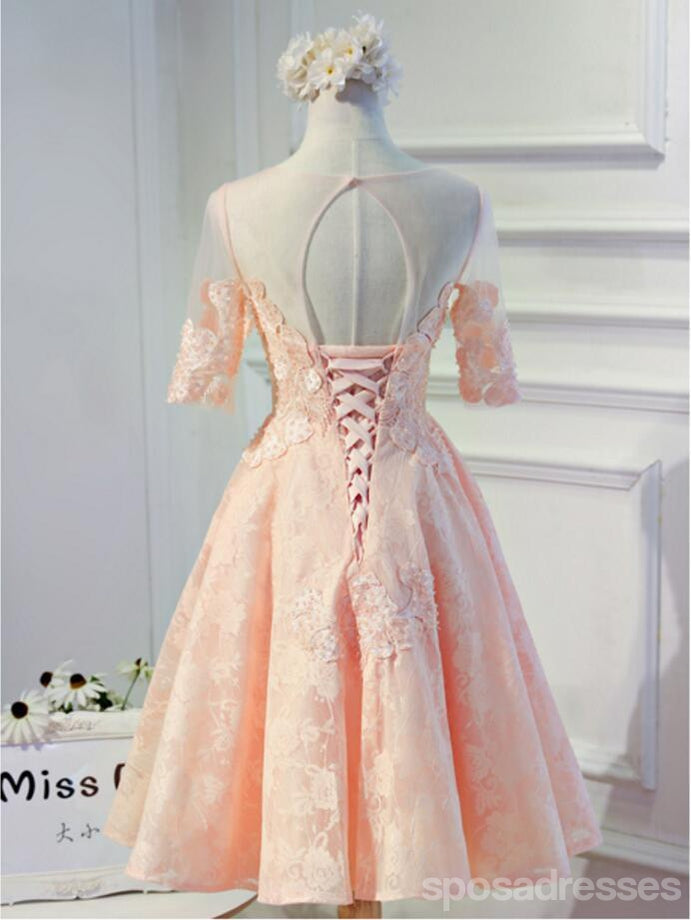 Short Sleeve Peach Lace Open Back Homecoming Prom Dresses, Affordable Short Party Prom Dresses, Perfect Homecoming Dresses, CM297