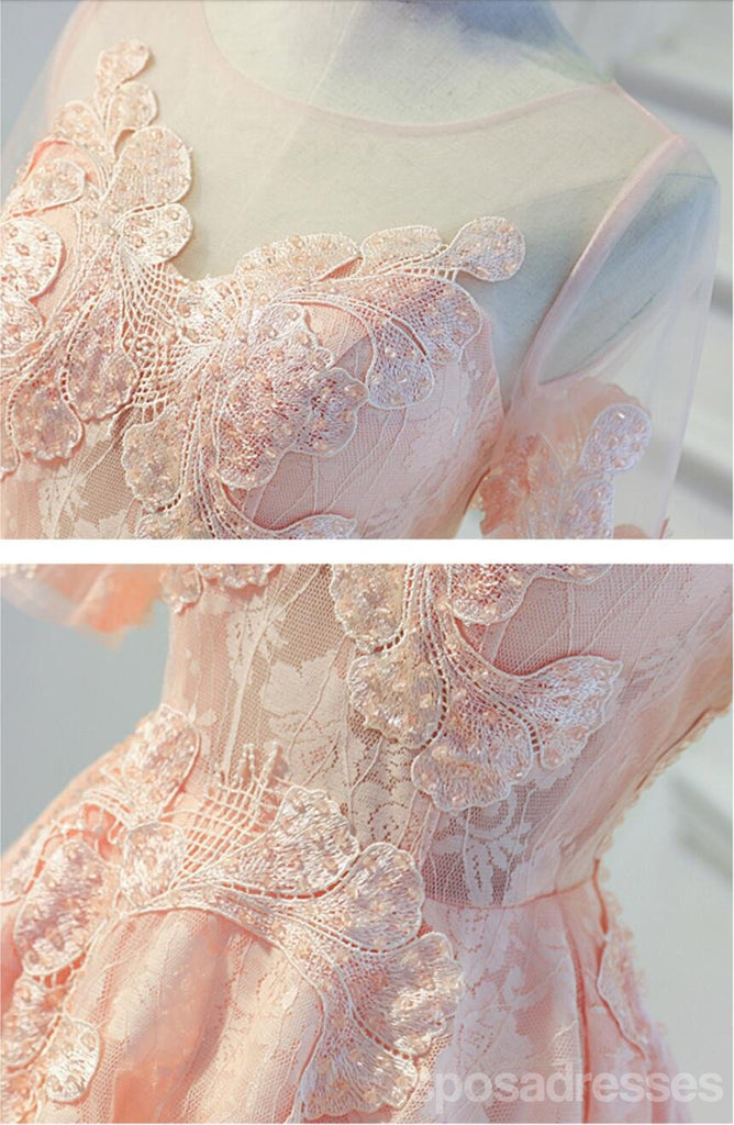 Short Sleeve Peach Lace Open Back Homecoming Prom Dresses, Affordable Short Party Prom Dresses, Perfect Homecoming Dresses, CM297