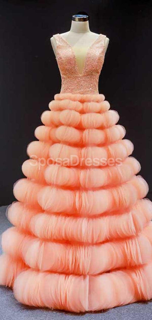 Unique V Neck Round Loops Ruffles Long Evening Prom Dresses, Evening Party Prom Dresses, 12243