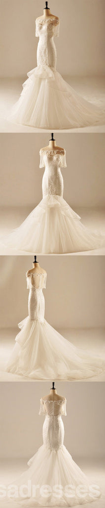 Short Sleeve Mermaid See Through Back Lace Wedding Dresses, Custom Made Wedding Dresses, Cheap Wedding Bridal Gowns, WD223