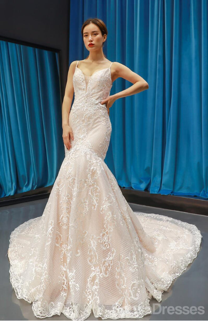 Spaghetti Straps V Neck Lace Mermaid Wedding Dresses, Cheap Wedding Gown, WD718