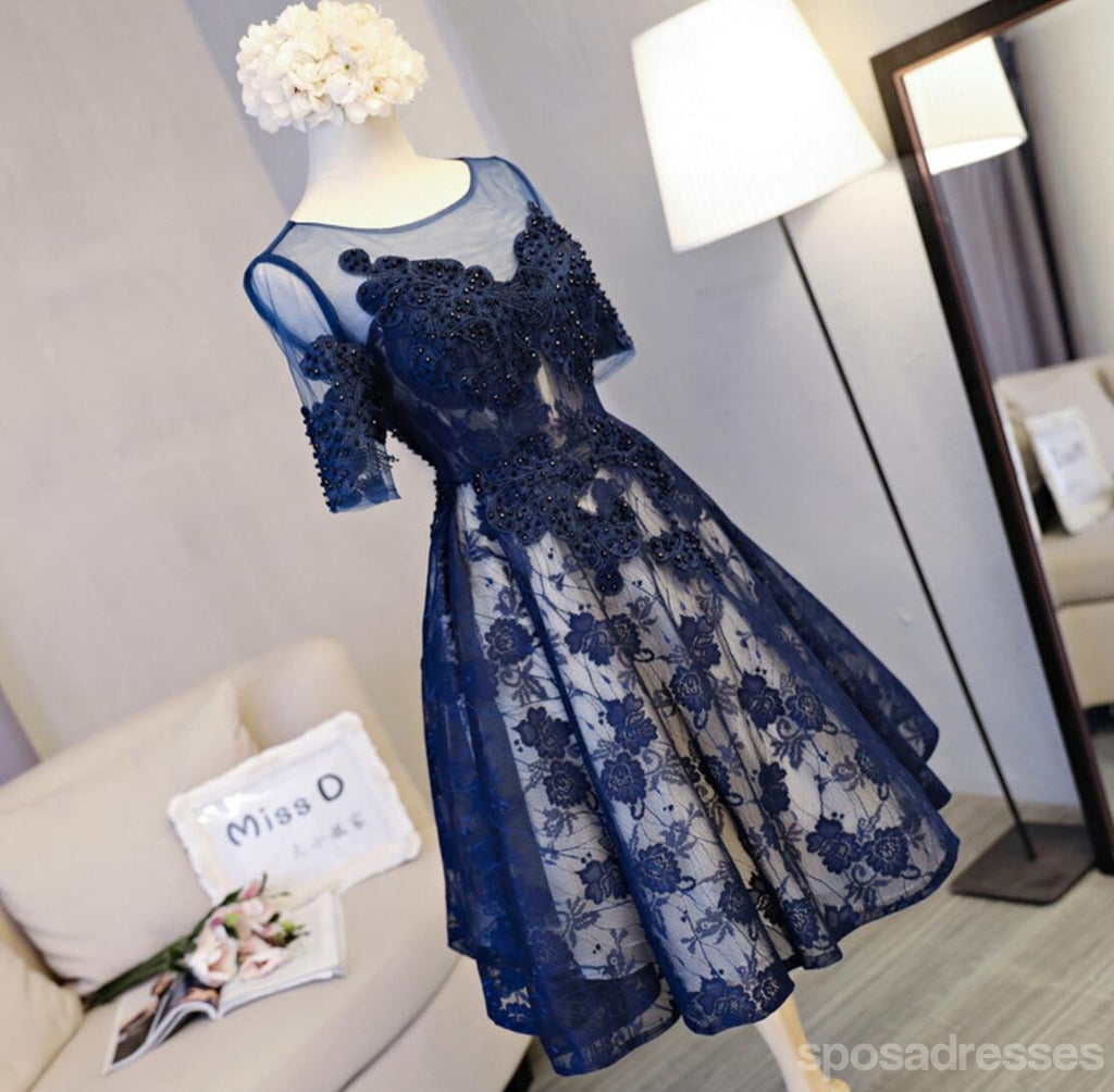 Short Sleeve Navy Lace Open Back Homecoming Prom Dresses, Affordable Short Party Prom Dresses, Perfect Homecoming Dresses, CM298