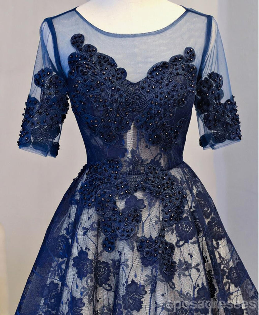 Short Sleeve Navy Lace Open Back Homecoming Prom Dresses, Affordable Short Party Prom Dresses, Perfect Homecoming Dresses, CM298