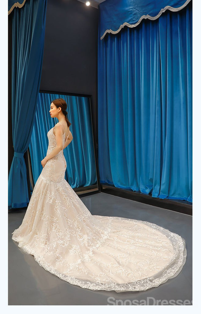 Spaghetti Straps V Neck Lace Mermaid Wedding Dresses, Cheap Wedding Gown, WD718