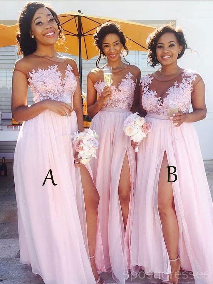 Sexy Side Slit Cap Sleeve Pink Custom Long Bridesmaid Dresses, WG233