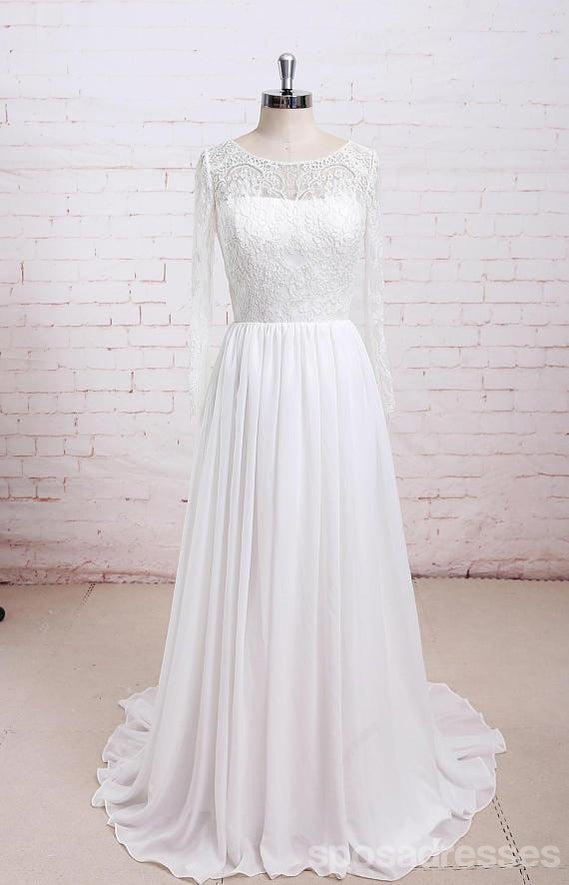 Long Sleeves Lace See Through Cheap Beach Wedding Dresses Online, WD380