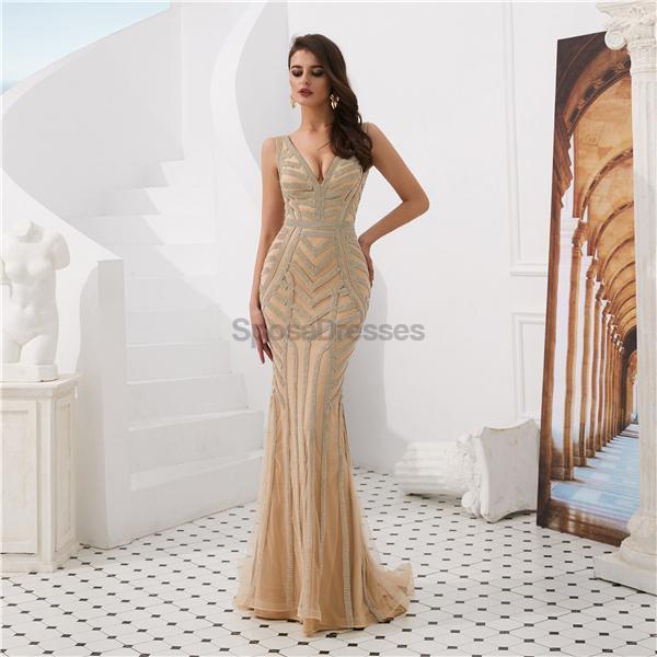 V Neck Beaded Mermaid Sexy Evening Prom Dresses, Evening Party Prom Dresses, 12085