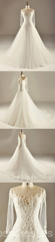 Long Sleeve Empire Waist Lace Beaded Wedding Dresses, Custom Made Wedding Dresses, Cheap Wedding Bridal Gowns, WD226
