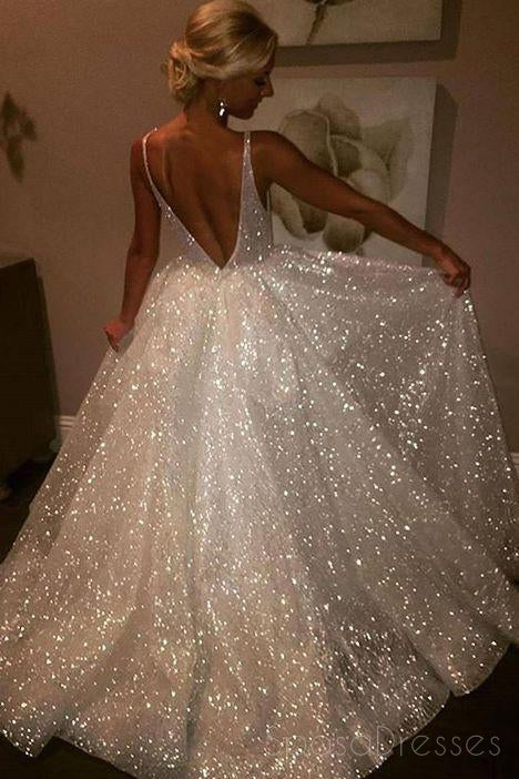 Sexy Affordable Backless V Neck A line Sparkly Long Evening Prom Dresses, 17476