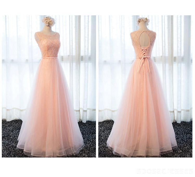 Gray Lace Beaded Soft Tulle Long Bridesmaid Dresses, BD018