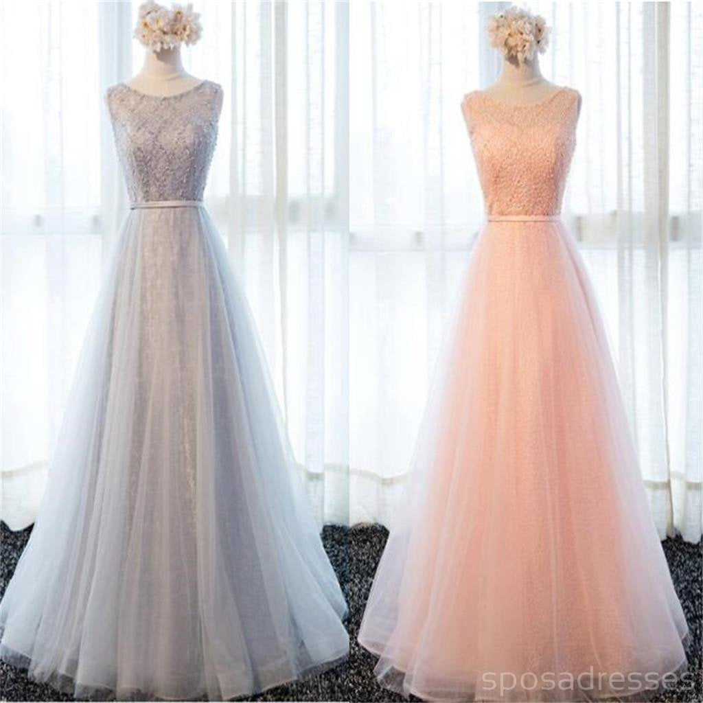 Gray Lace Beaded Soft Tulle Long Bridesmaid Dresses, BD018