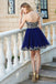 Sweetheart Gold Lace Beaded Blue Short Cheap Homecoming Dresses Online, CM569