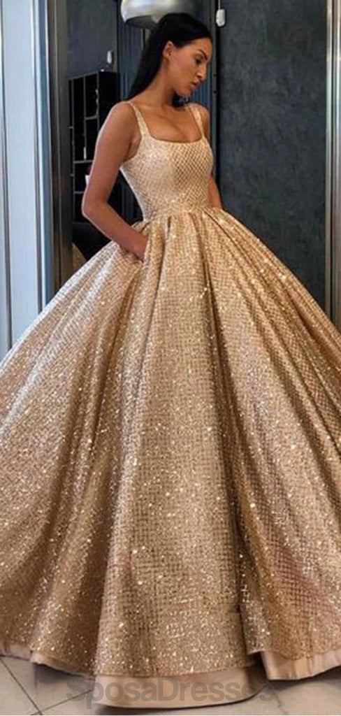 Square Neck Sequin Tulle Ball Gown Gold Evening Prom Dresses, Evening Party Prom Dresses, 12158