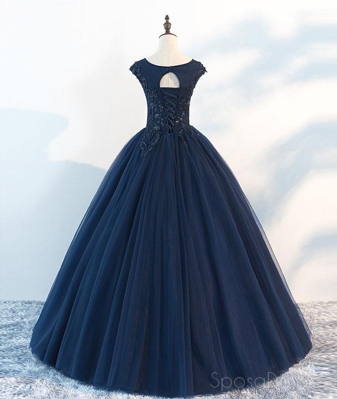 Navy Cap Sleeves Ball Gown Tulle Cheap Long Evening Prom Dresses, Custom Sweet16 Dresses, 18410
