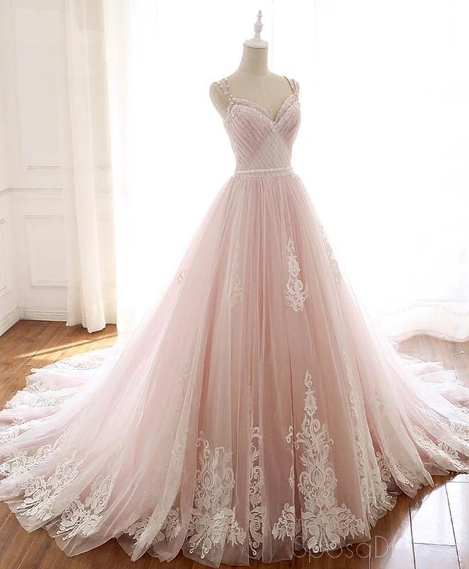 Pale Pink Lace Beaded A-line Long Evening Prom Dresses, Evening Party Prom Dresses, 12209