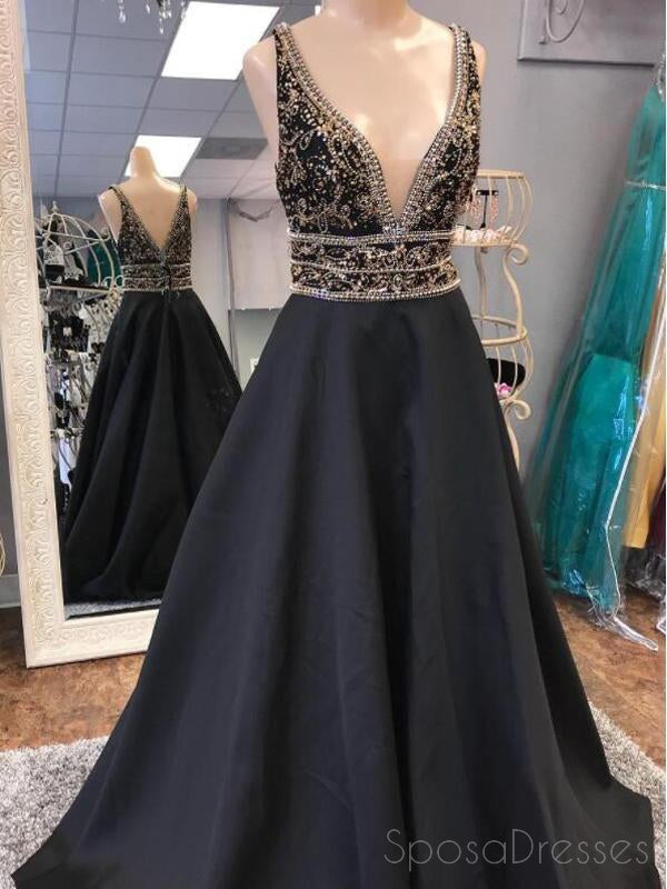 V Neck Beaded Rhinestone A-line Long Evening Prom Dresses, 17572