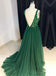 V Neck Emerald Green Tulle  A line Long Custom Evening Prom Dresses, 17452