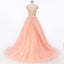 Sexy Backless V Neckline Lace A line Peach Long Evening Prom Dresses, Popular Cheap Long 2018 Party Prom Dresses, 17227