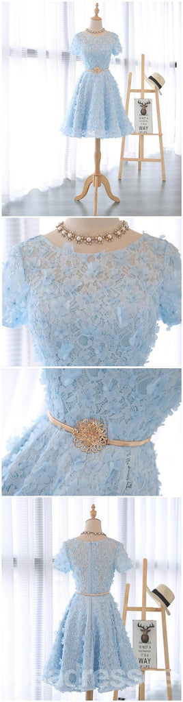 Short Sleeve Scoop Neckline Lace See Through Homecoming Prom Dresses, Affordable Short Party Prom Sweet 16 Dresses, Perfect Homecoming Cocktail Dresses, CM328