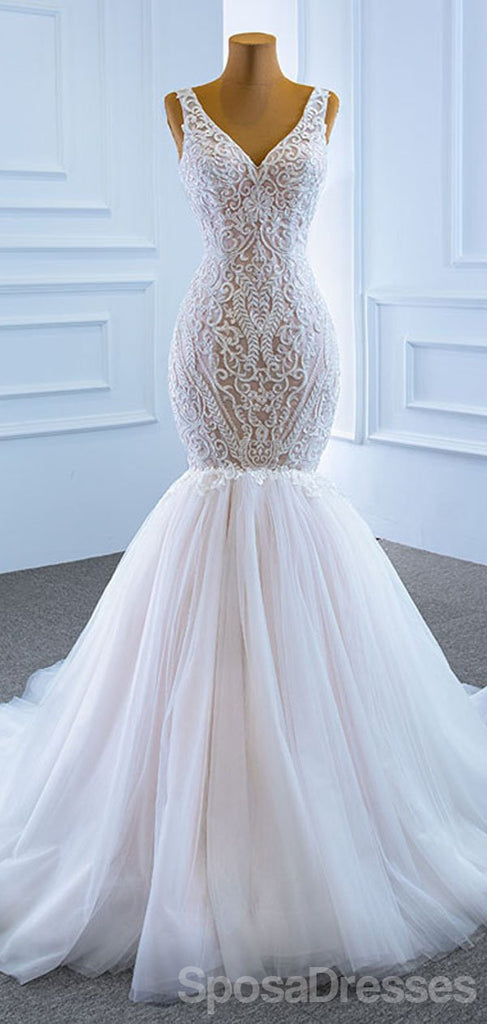 Unique V Neck Lace Mermaid Wedding Dresses, Cheap Wedding Gown, WD722