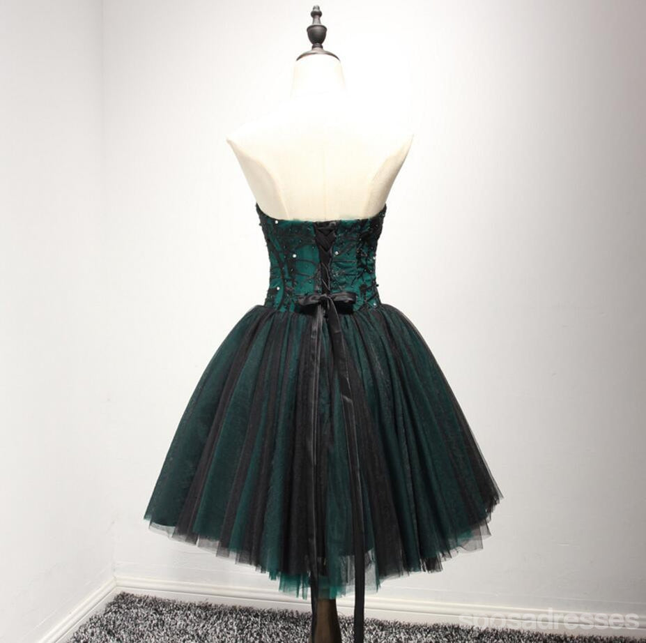 Strapless Dark Green Black Lace Tulle Homecoming Prom Dresses, CM237