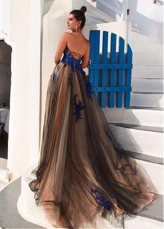 Sweetheart Royal Blue Lace A line Long Evening Prom Dresses, 17478