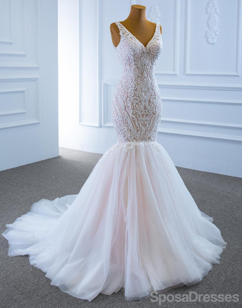 Unique V Neck Lace Mermaid Wedding Dresses, Cheap Wedding Gown, WD722
