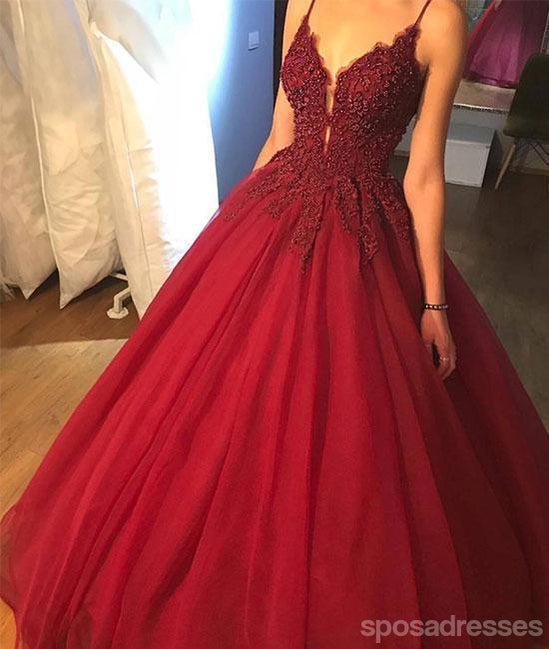 Dark Red A line Lace Beaded V Neckline Long Evening Prom Dresses, Long Party Prom Dresses, 17274