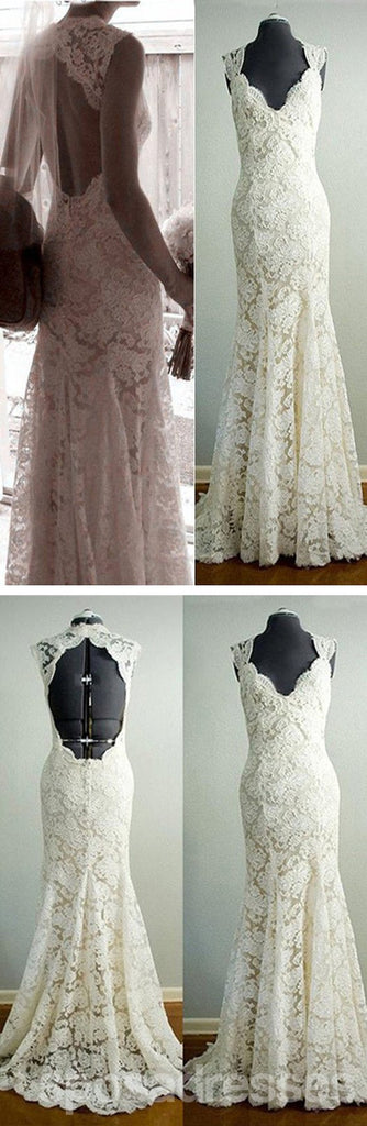 Vantage Beige Lace Open Back Long Mermaid Wedding Party Dresses, Bridal Gown, WD0042