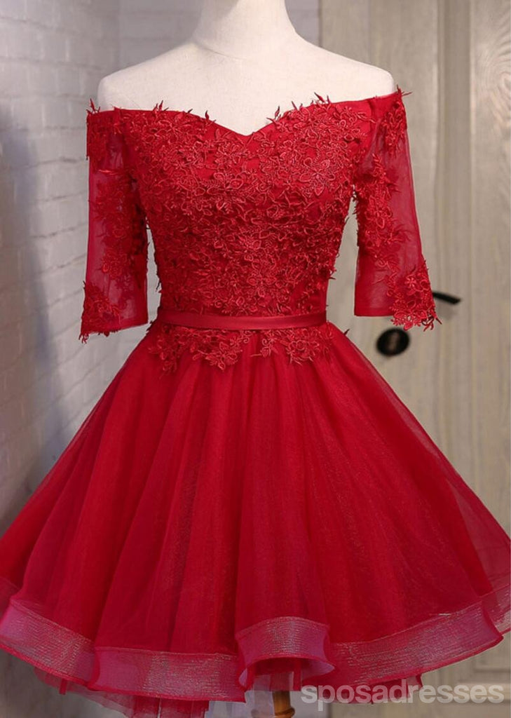 Off Shoulder Short Sleeve Red Lace Cute Homecoming Prom Dresses, Affordable Short Party Prom Dresses, Perfect Homecoming Dresses, CM307