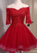 Off Shoulder Short Sleeve Red Lace Cute Homecoming Prom Dresses, Affordable Short Party Prom Dresses, Perfect Homecoming Dresses, CM307