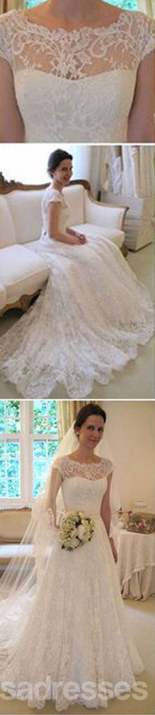 Long A-Line Round Neck Illusion White Lace Wedding Party Dresses, WD0044