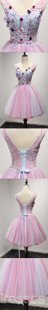 Two Straps V Neckline  Flower Lace See Through Homecoming Prom Dresses, Affordable Corset Back Short Party Prom Dresses, Perfect Homecoming Dresses, CM240