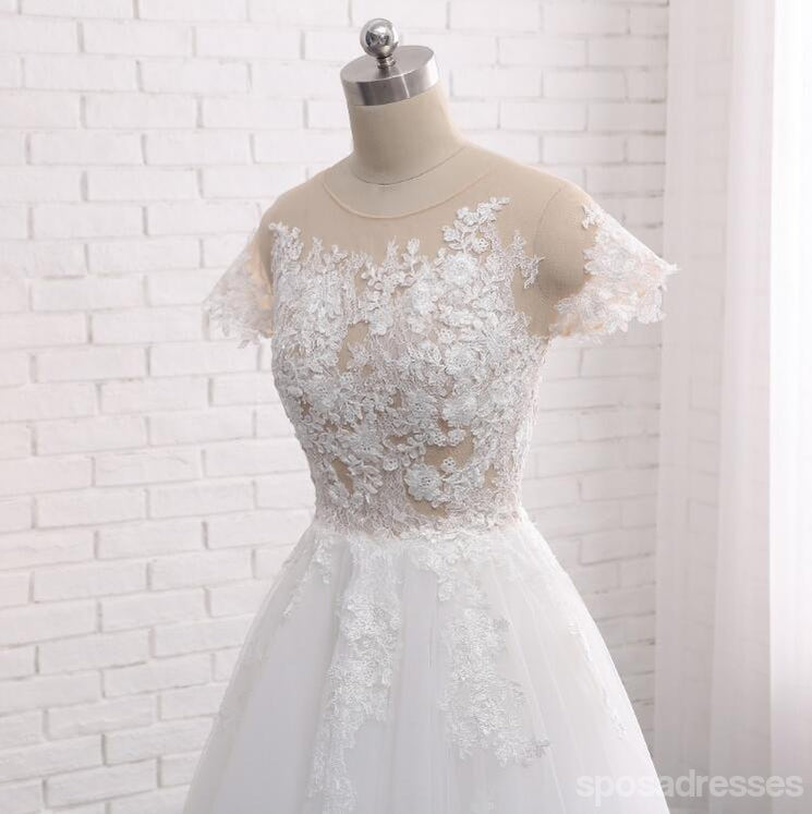 See Through Short Sleeve A Line Lace Wedding Bridal Dresses, Custom Made Wedding Dresses, Affordable Wedding Bridal Gowns, WD241