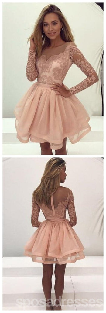 Lace Long Sleeves Illusion Short Cheap Homecoming Dresses 2018, CM545