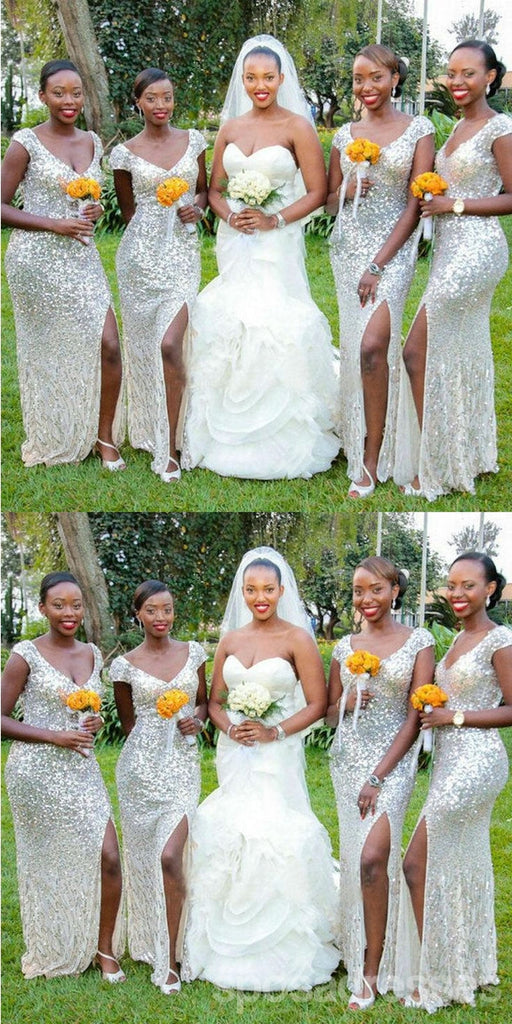 Sparkly Silver Mermaid Side Slit Cheap Long Bridesmaid Dresses,WG1565