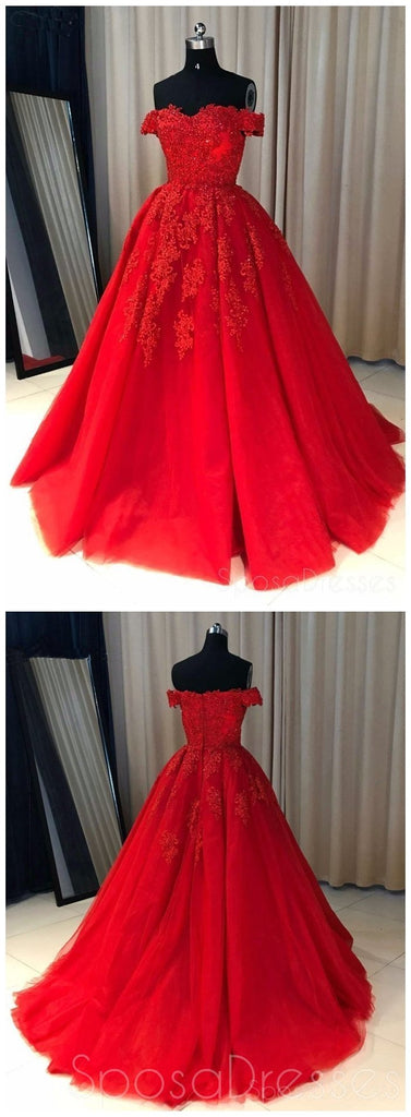 Off Shoulder Red Lace A-line Cheap Evening Prom Dresses, Sweet 16 Dresses, 17501