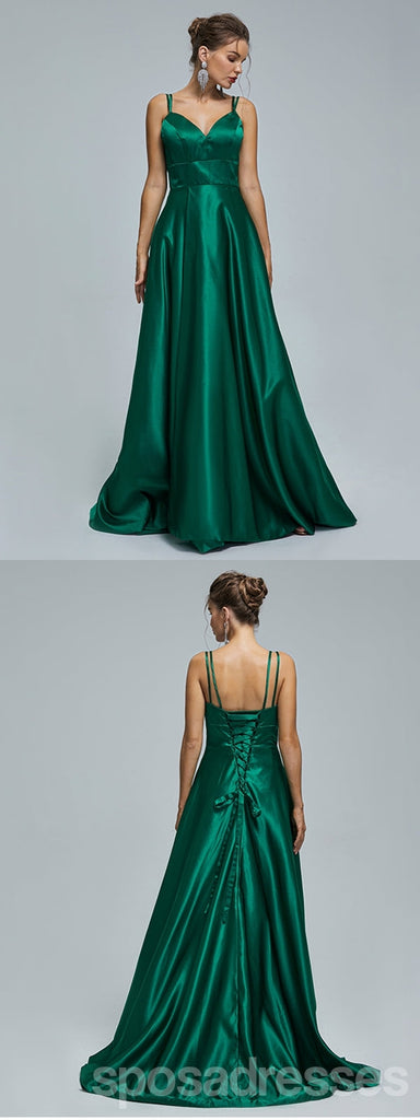 Green A-line Spaghetti Straps Side Slit Cheap Long Prom Dresses,12985