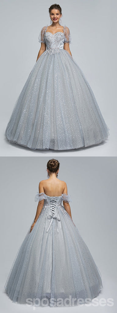 Sparkly Grey A-line Short Sleeves Cheap Long Prom Dresses,13051