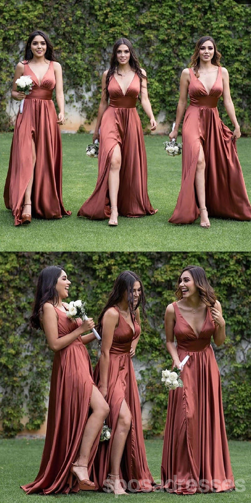 Simple A-line Chocolate V-neck High Slit Cheap Long Bridesmaid Dresses Online,WG1167