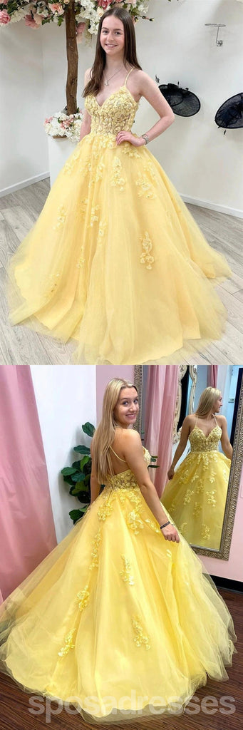 Yellow A-line Spaghetti Straps V-neck Cheap Long Prom Dresses Online,12809