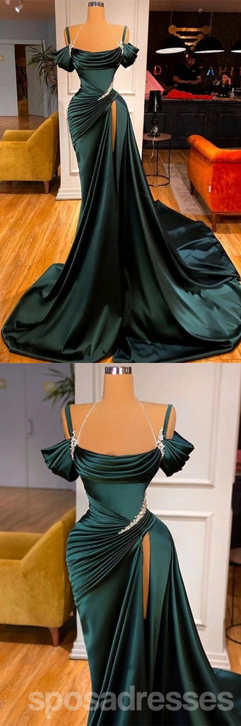 Unique Emerald Green Mermaid Spaghetti Straps High Slit Long Prom Dresses,12837