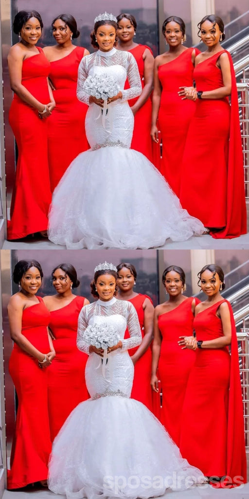 Simple Red Mermaid One Shoulder Cheap Long Bridesmaid Dresses Online,WG1232