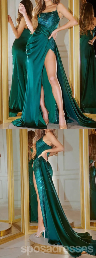 Sexy Green Sheath Spaghetti Straps High Slit Long Prom Dresses,13033