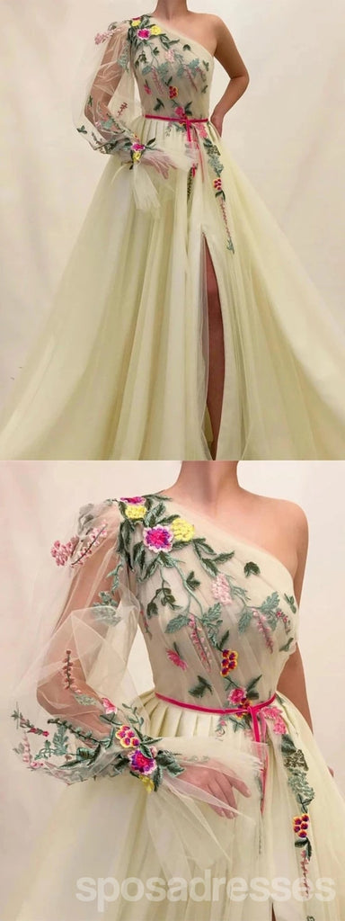 Unique A-line One Shoulder Long Sleeves Cheap Prom Dresses Online,12802