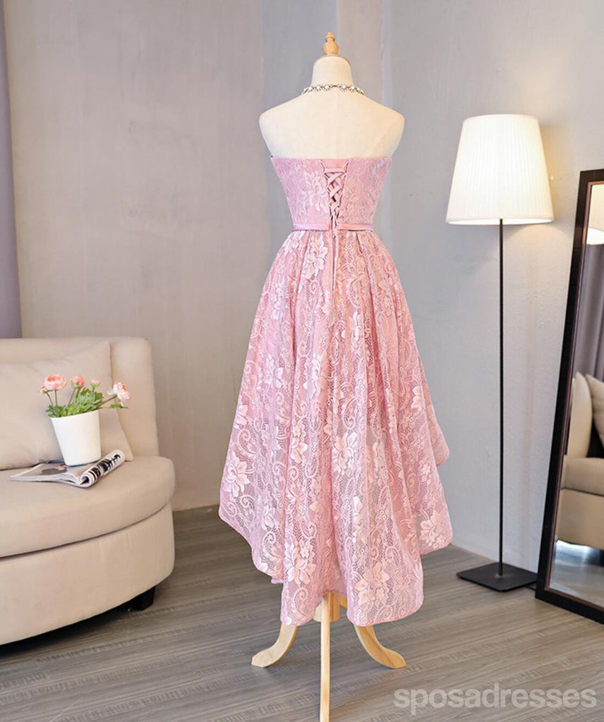 Strapless Lace High Low Pink Homecoming Prom Dresses, Affordable Short Party Prom Sweet 16 Dresses, Perfect Homecoming Cocktail Dresses, CM329