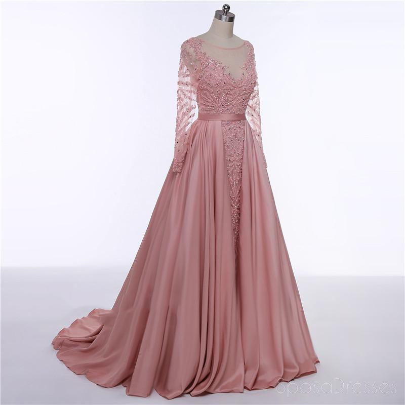 Long Sleeve See Through Heavily Beaded Dusty Pink Long Evening Prom Dresses, Popular Cheap Long 2018 Party Prom Dresses, 17228