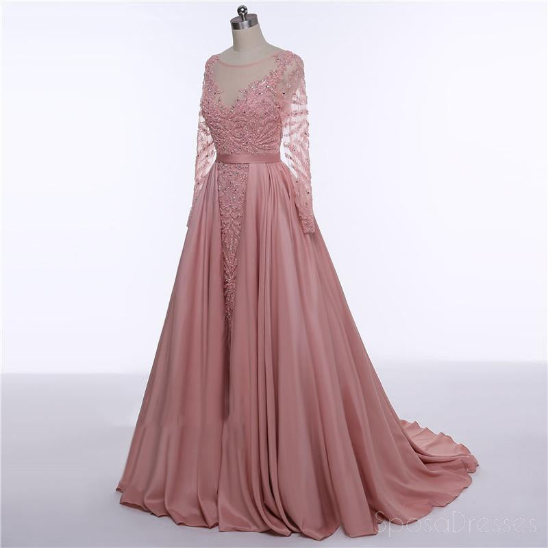 Long Sleeve See Through Heavily Beaded Dusty Pink Long Evening Prom Dresses, Popular Cheap Long 2018 Party Prom Dresses, 17228